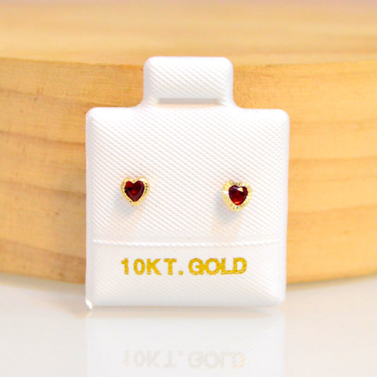 Corazón bisel mini zirconia roja oro 10k